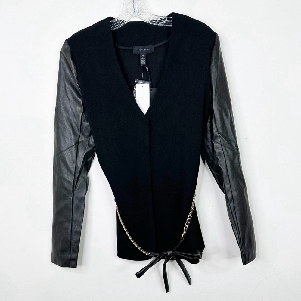 NWT H HALSTON | Black Collarless Faux Leather Sleeve Belted Blazer Jacket Sz. XS - Picture 3 of 4